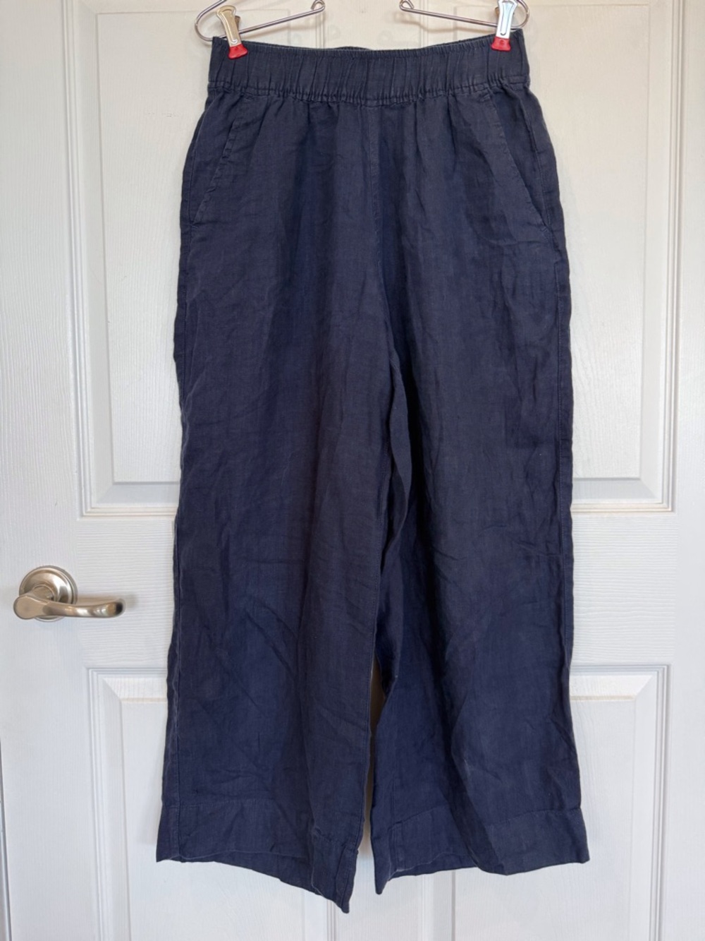 Tahari Wide-Leg Navy Linen Pants pull on elastic waist pockets